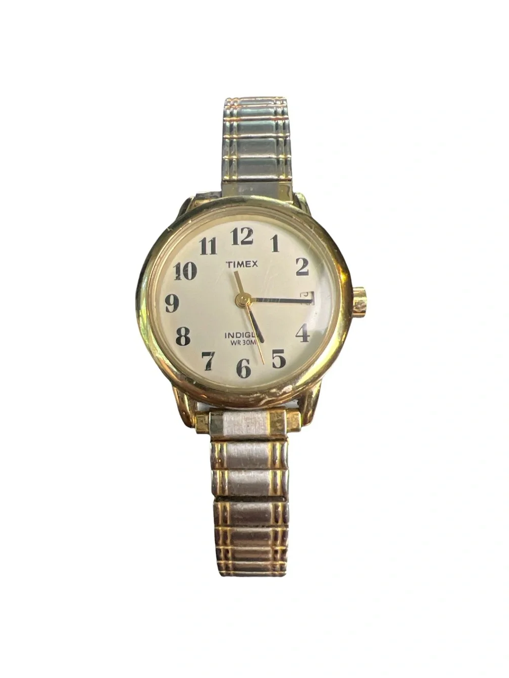 Timex Indiglo Watch Gold Tone Expansion Band Date WR 30M Easy Reader C9 2004